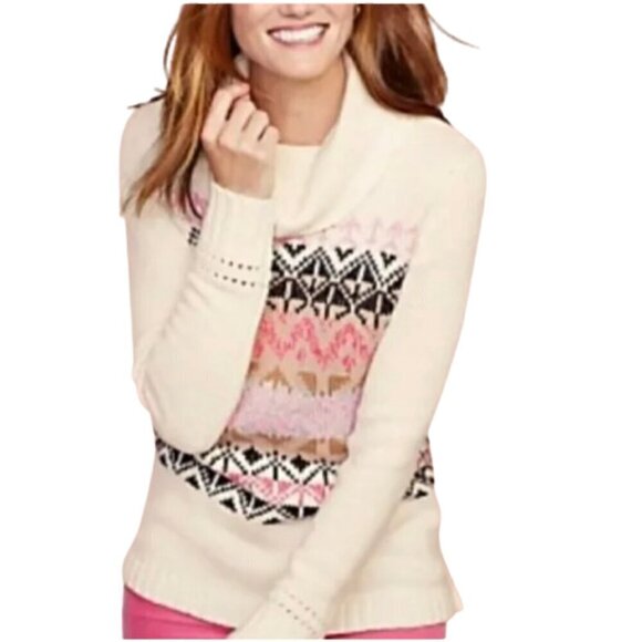 Talbots Chunky Nordic Cowl Turtleneck Tunic Sweater Size M Fair Isle Winter Cozy - Picture 1 of 8